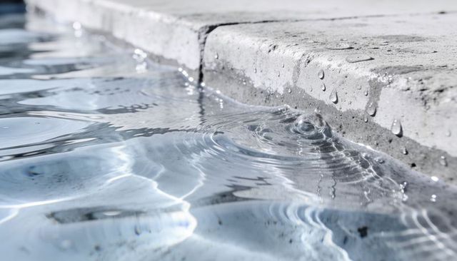 Concrete pool edge creating ripples, droplets and sunlit caustics on water