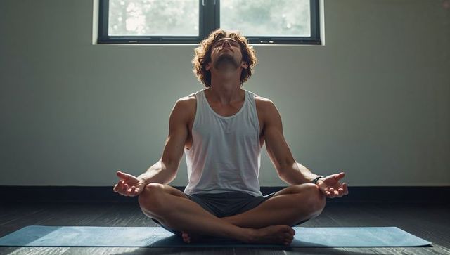 Young man practicing mindfulness and breathwork on blue yoga mat in sunlit studio