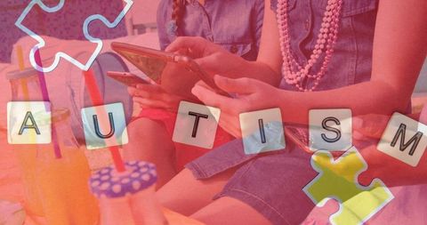 Autism awareness: friends using technology with puzzle motifs