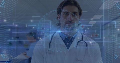 Doctor Analyzing Digital Health Interface in Hospital Corridor