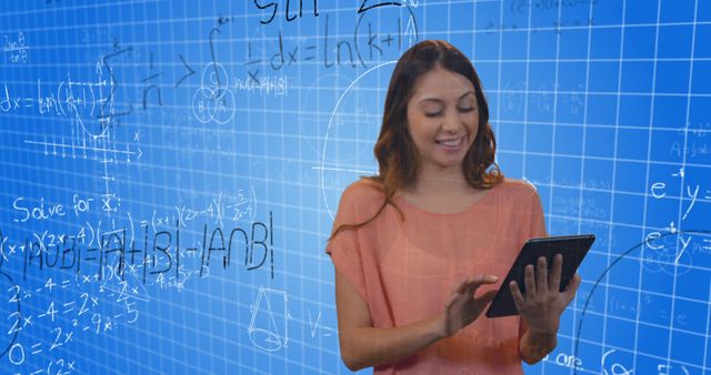 Smiling Young Woman Using Tablet with Math Equations in Background - Download Free Stock Images Pikwizard.com