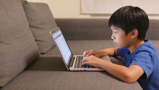 Schoolboy studying on grey sofa with laptop focusing on homework and online learning