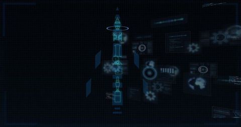 Cyan Holographic Rocket Schematic on Futuristic HUD Grid with Neon Telemetry Elements