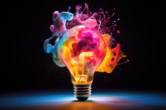 Multi-colored light bulb exploding with vibrant paint splash. Ideal for illustrating concepts of creativity and innovation, promotional materials for artistic endeavors, and enhancing visual appeal in design projects.