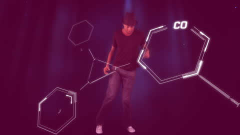 Dynamic Dance with Chemical Formulas in Futuristic Setting