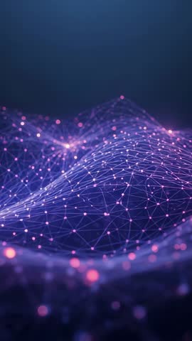 Vertical video flowing purple data mesh glowing nodes forming undulating digital network