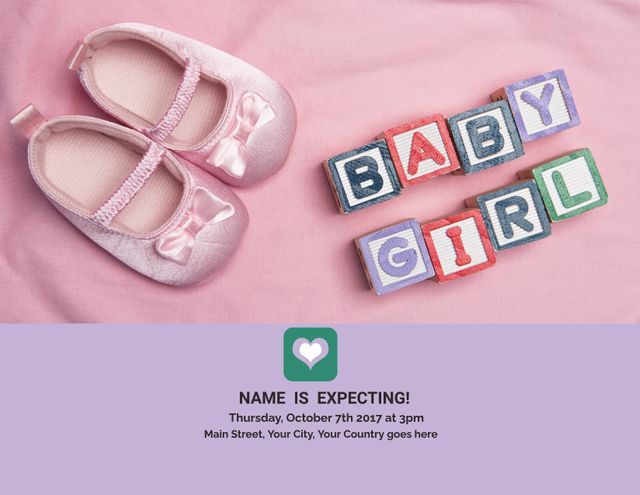 Baby Girl Announcement with Pink Shoes and Letter Blocks - Download Free Stock Templates Pikwizard.com