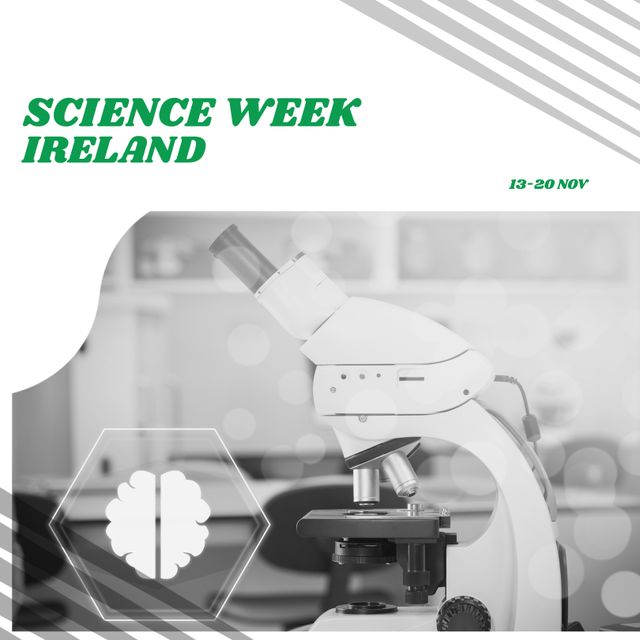 Composition of science week ireland text with microscope on white background. Science week and celebration concept digitally generated image.