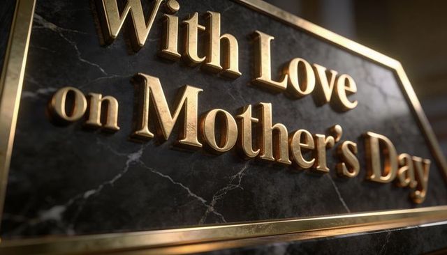 Luxurious mother's day gold lettering on black marble plaque with gold frame