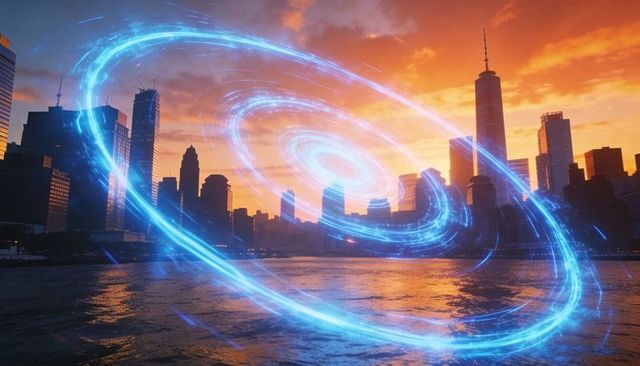 Futuristic neon energy vortex hovering over urban waterfront skyline at sunset