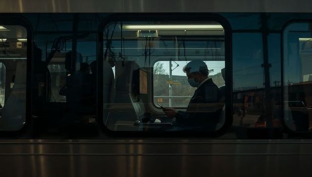 Masked commuter checking smartphone on train at station platform with moody reflections