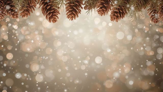 Framing warm golden bokeh holiday garland with pine cones, fir branches, snowflakes