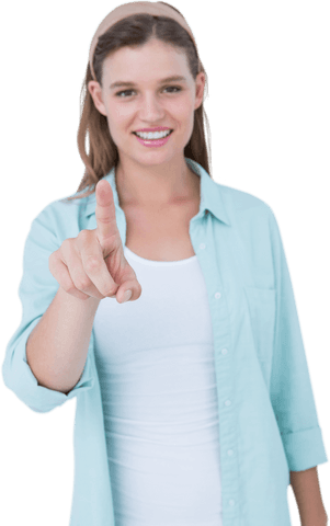 Smiling hipster woman pointing with confidence on transparent background