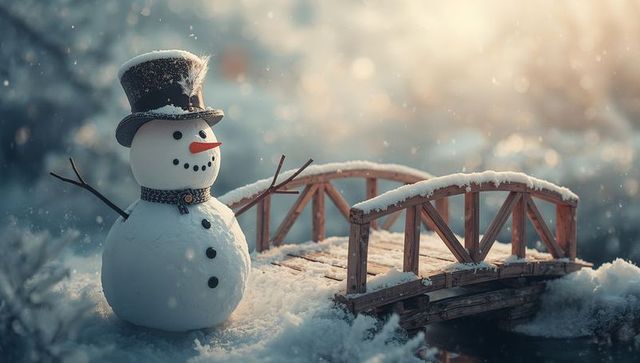 Snowman in winter wonderland with wooden footbridge