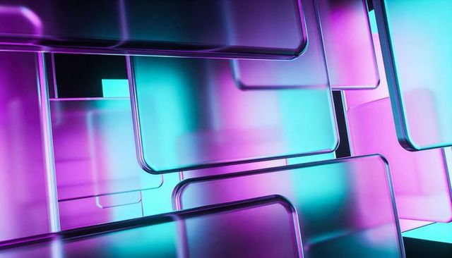 Layered Translucent Glass Panes with Magenta-Cyan Neon Gradients, Futuristic Tech Background