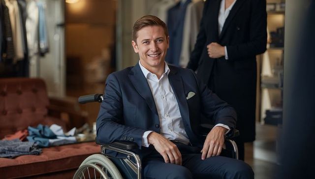 Smiling businessman in wheelchair at upscale clothing store