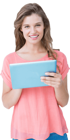 Smiling Casual Young Woman Holding Tablet Transparent Background - Download Free Stock Videos Pikwizard.com