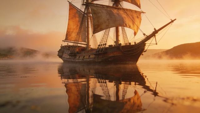 Golden sunset full-rigged wooden ship reflecting on glassy misty inlet with weathered sails