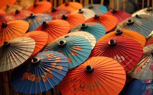 Colourful chinese umbrellas with patterns, created using generative ai technology. Protection, weather, decoration and chinese culture concept digitally generated image.