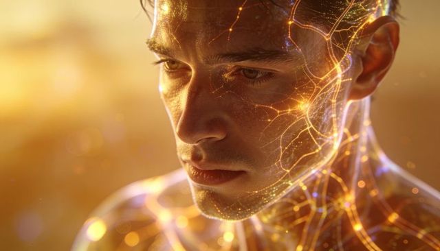 Contemplating male portrait showing glowing neural filaments and futuristic circuitry