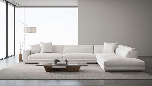 Minimalist white l-shaped sofa in modern living room interior