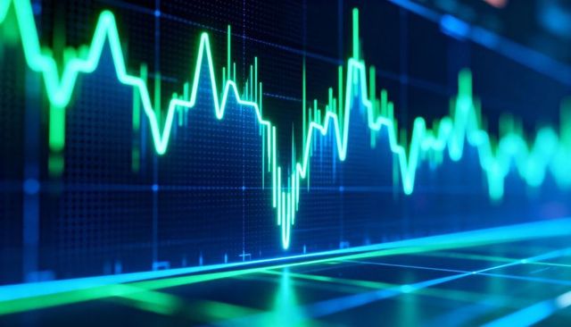 Neon green-cyan financial waveform tracking on led grid display for data analytics and ai