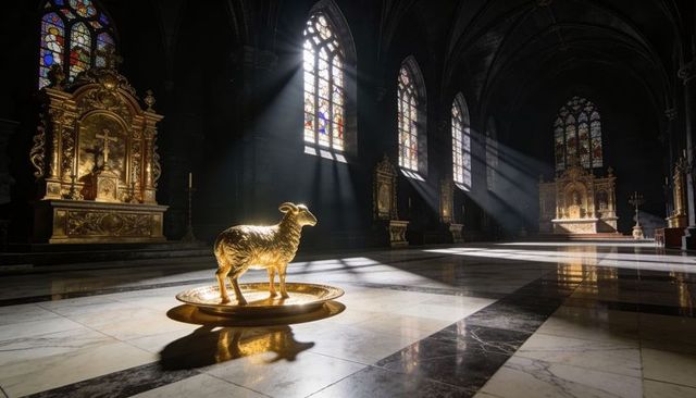 Shining gilded lamb sculpture on golden basin reflecting cathedral sunbeams in gothic nave
