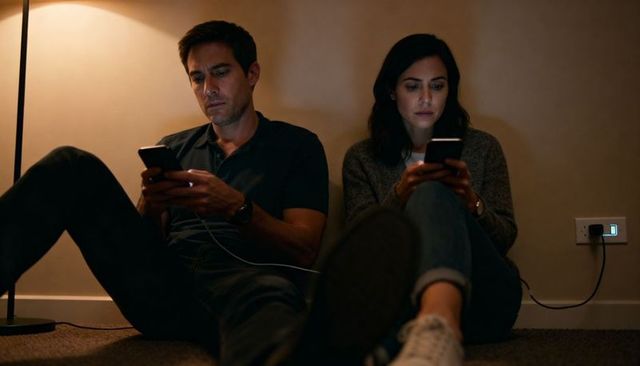 Couple sitting on floor charging phones and scrolling late night, cozy intimate moment