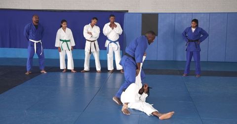 Martial Arts Class Practicing Ground Control on Blue Mat