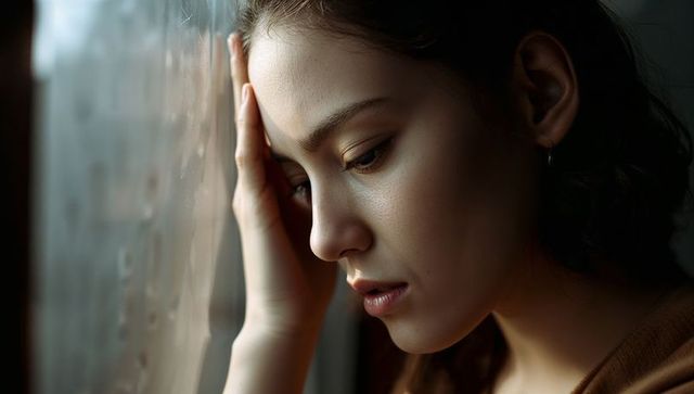 Woman pressing forehead to raindrop-streaked window, gazing down in quiet contemplation