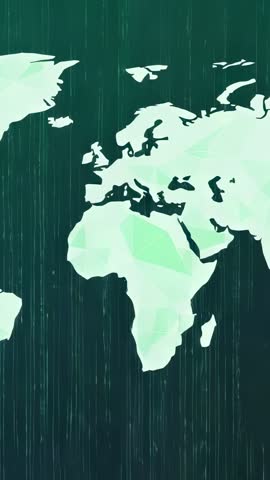 Animating polygonal world map with pulsing nodes streaming data lines vertical tech loop
