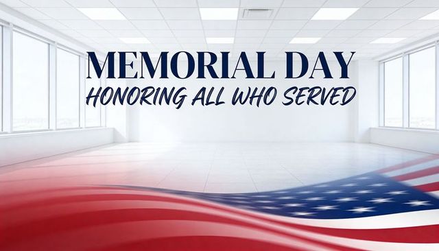 Memorial day tribute honoring all who served with waving american flag in bright open room