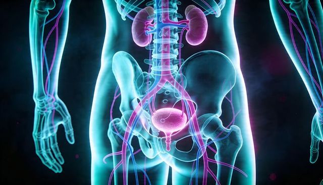 Translucent pelvic anatomy showing bladder, kidneys and pelvic vessels in neon glow