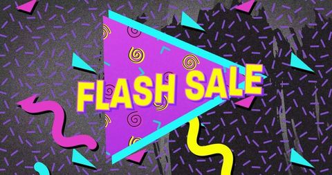 Retro memphis neon flash sale banner with geometric confetti and bold typography for promo