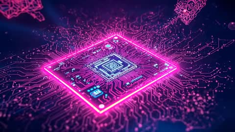 Futuristic Circuit Board with Neon Light Pulses and Holographic Nodes