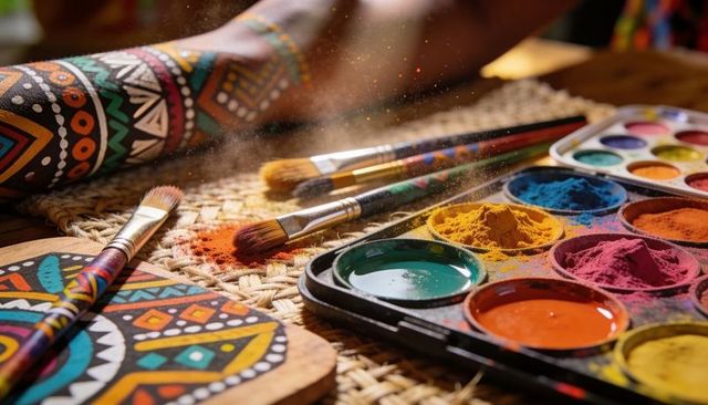 Mixing vibrant powder pigments and watercolor paints with tribal geometric body painting