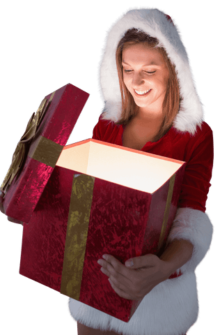 Joyful woman in christmas costume opening transparent gift box