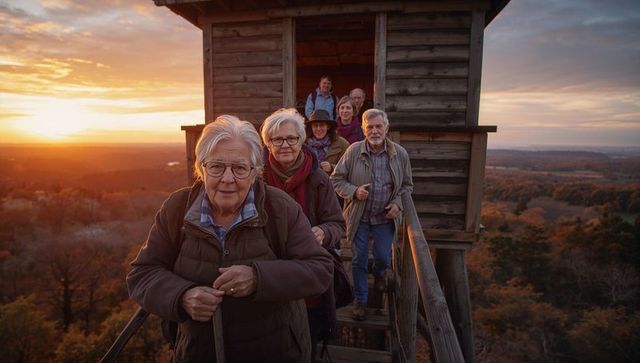 Senior group descending rustic lookout staircase at autumn sunset outdoor adventure