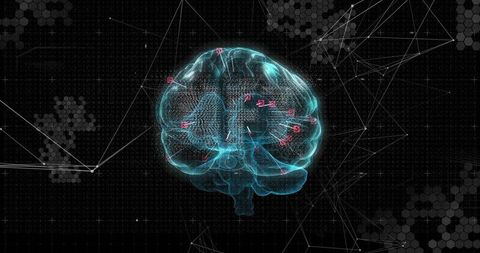 Holographic Brain Network Pulsing with Magenta Data Markers and Cyan Digital Mesh