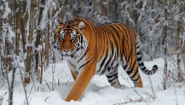 Siberian tiger walking through snowy forest clearing, striped big cat stalking prey, winter