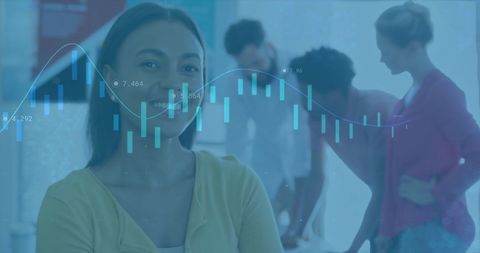 Business professionals with complex financial graph overlay