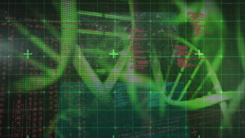 Futuristic DNA Helix with Digital Data Overlay