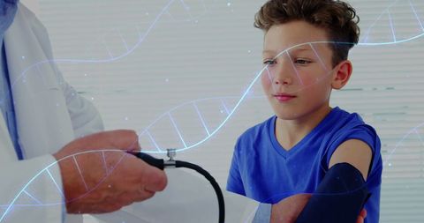 Doctor Checking Young Patient's Blood Pressure with DNA Overlay