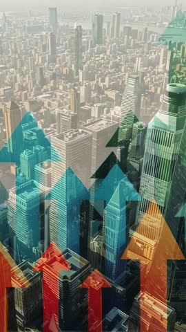 Vertical video of colored arrows rising over urban skyline, panning right over river