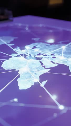 Booting Holographic Map Table Linking Glowing Network Nodes Over Global Digital Grid