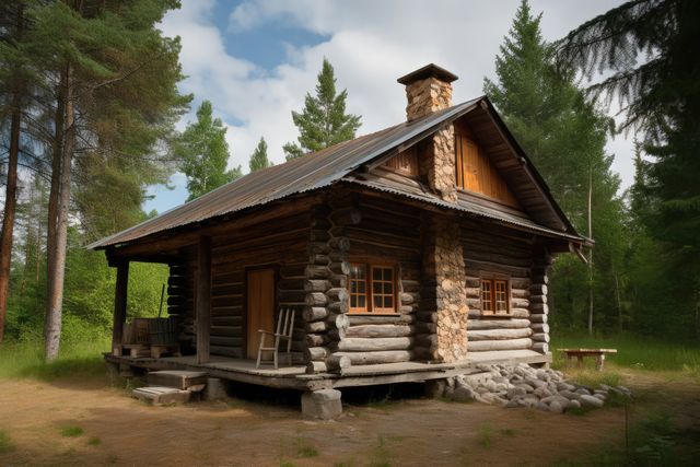 Rustic log cabin nestled among dense trees with green foliage all around. Ideal for showcasing nature retreats, countryside living, or vacation getaways. This depiction of a quaint wooden house highlights serenity and tranquility, perfect for brochures, environmental projects, and travel advertisements.