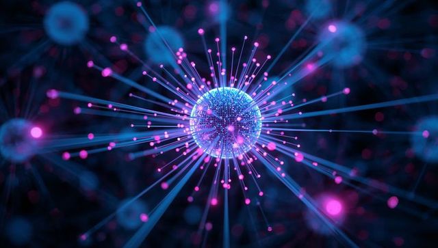 Glowing neon data sphere with radial filaments connecting futuristic network nodes