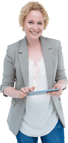 Smiling Woman with Tablet In Transparent Background