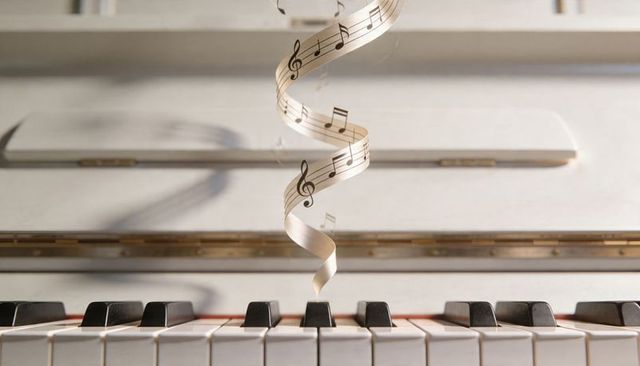 Floating spiral music ribbon twirling above vintage piano keys with treble clef melody