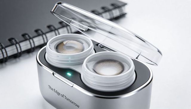 Modern silver contact lens case showing green led with brown lenses on desk